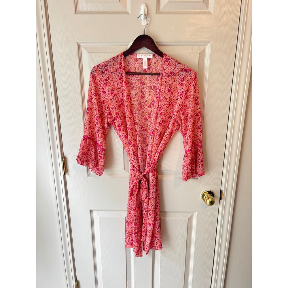 Oscar de la Renta Pink Label Sheer Floral Robe Bell Sleeve Wrap Pink Orange S
